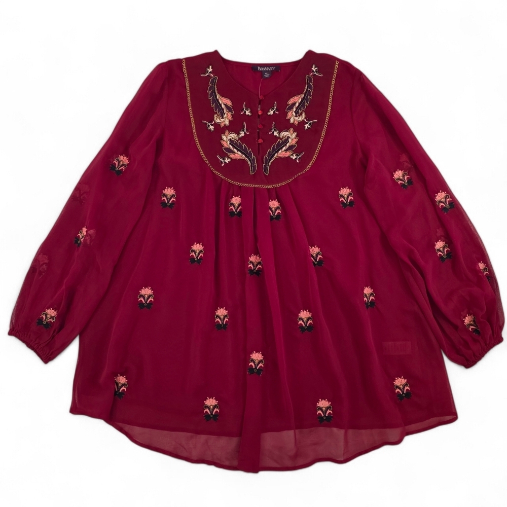 Boho Peasant Sheer Tunic Top Burgundy Beaded Embellished Embroidered Women 16W